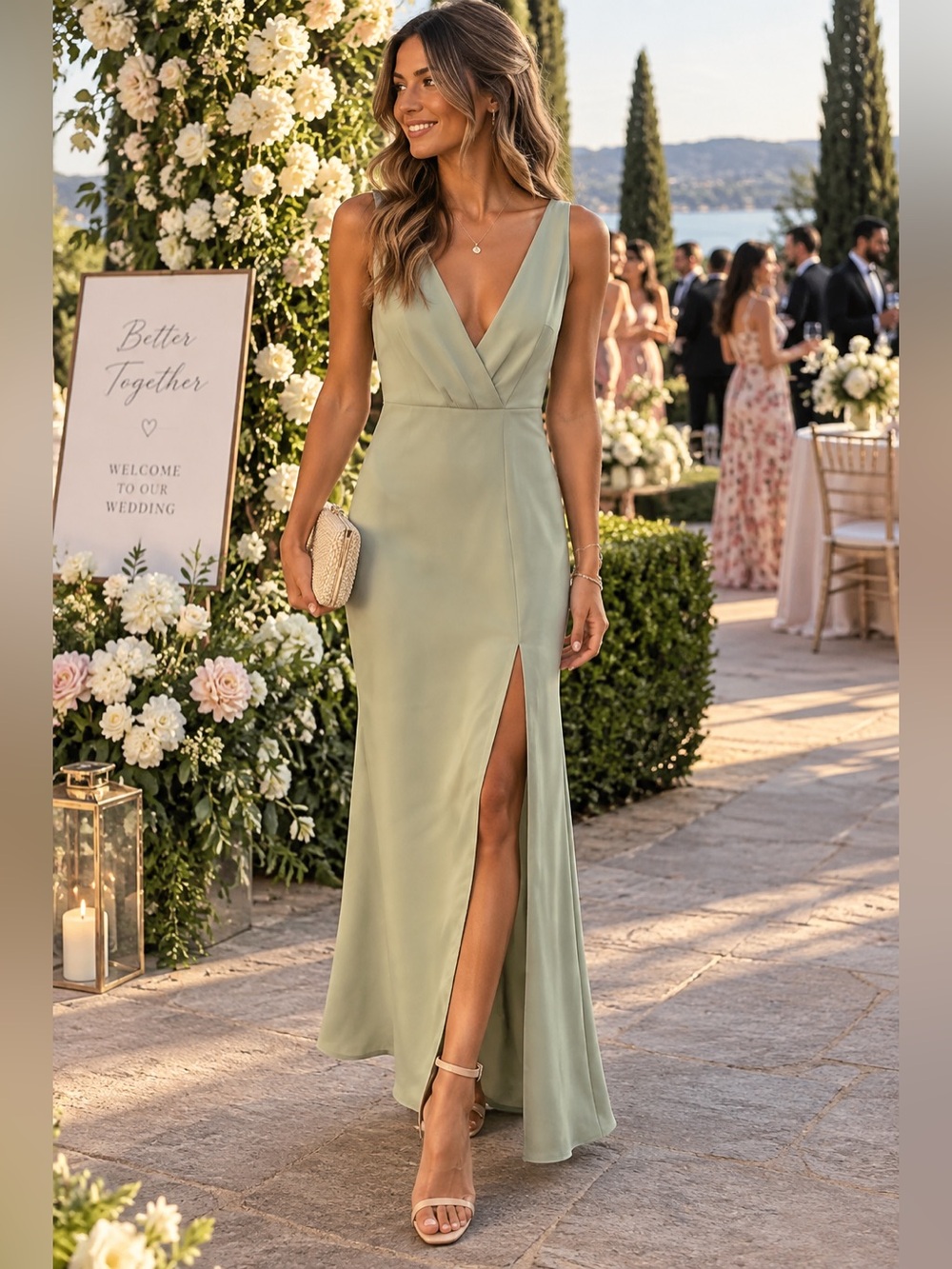 BHLDN Elegant Sage Green V-Neck Maxi Dress with Front Slit